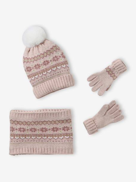 Jacquard babyset muts + snood + wanten/handschoenen voor meisjes ecru+rozen - vertbaudet enfant 