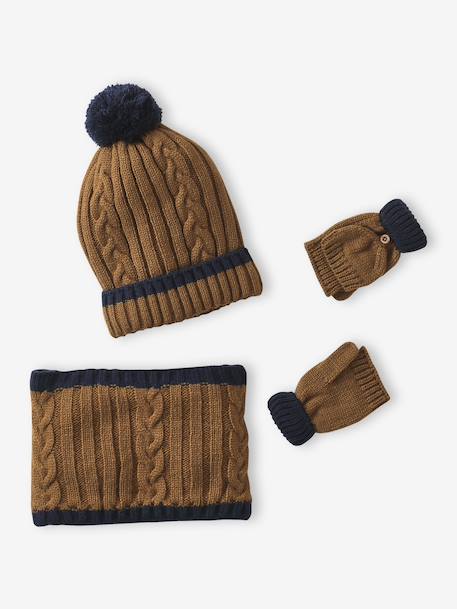 Ensemble torsadé garçon bonnet + snood + moufles/gants ocre - vertbaudet enfant 