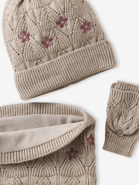 Ensemble brodé fille bonnet + snood + moufles/mitaines en maille ajourée beige doré - vertbaudet enfant 