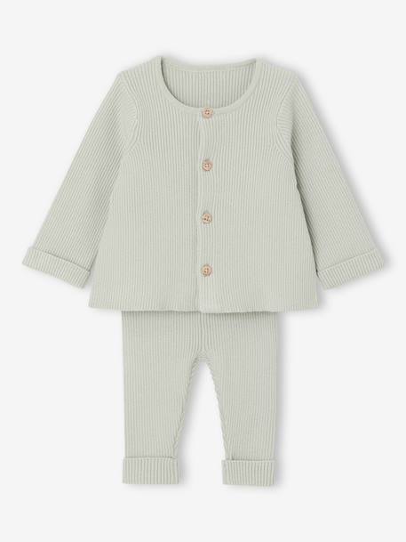 Ensemble bébé mixte gilet pantalon en tricot blanc+gris clair chiné+vert d'eau - vertbaudet enfant 
