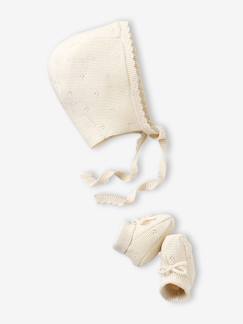 Bébé-Accessoires-Ensemble bonnet et chaussons bébé naissance en maille ajourée