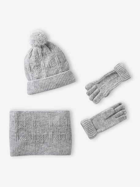 Set van muts + snood + wanten in kabelbreiwerk gemêleerd grijs+ROZE - vertbaudet enfant 