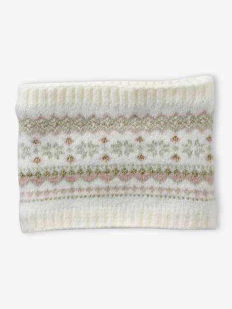 Jacquard babyset muts + snood + wanten/handschoenen voor meisjes ecru+rozen - vertbaudet enfant 