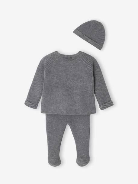 Ensemble naissance 3 pièces en tricot gilet + pantalon + bonnet gris chiné+rose - vertbaudet enfant 