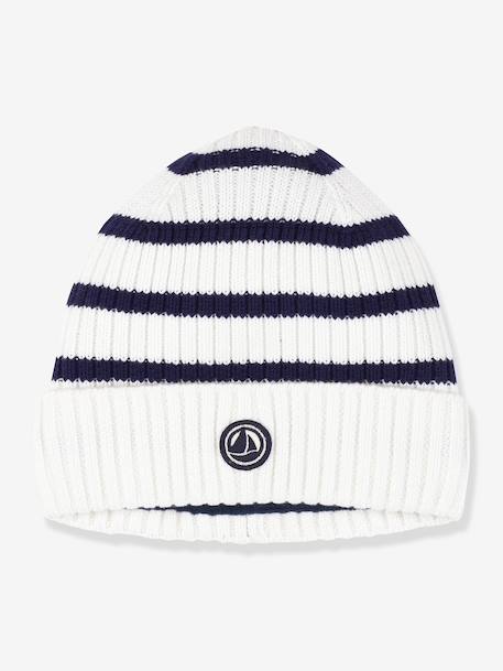 Gestreepte PETIT BATEAU muts voor kinderen van gebreide stof met fleece voering marineblauw - vertbaudet enfant 