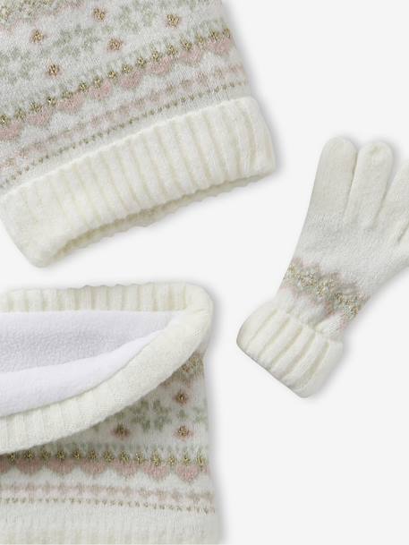 Ensemble jacquard fille bonnet + snood + moufles/gants écru+rose - vertbaudet enfant 