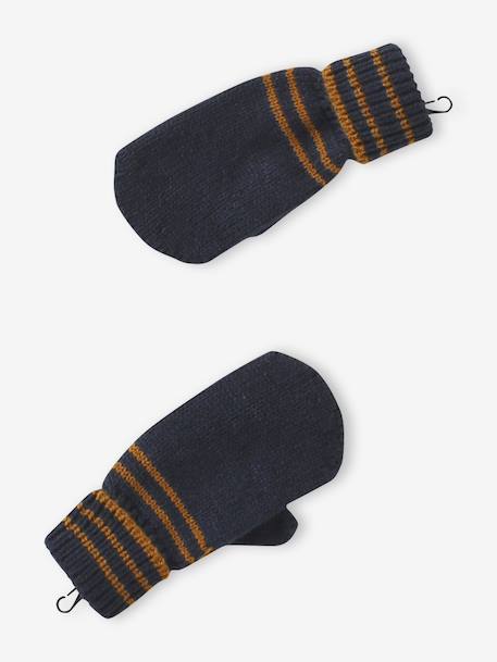 Ensemble rayé garçon bonnet + snood + moufles/gants bleu chambray+kaki - vertbaudet enfant 