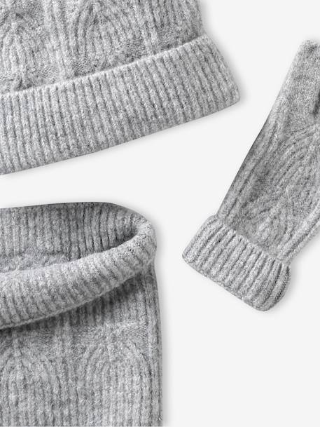 Set van muts + snood + wanten in kabelbreiwerk gemêleerd grijs+ROZE - vertbaudet enfant 