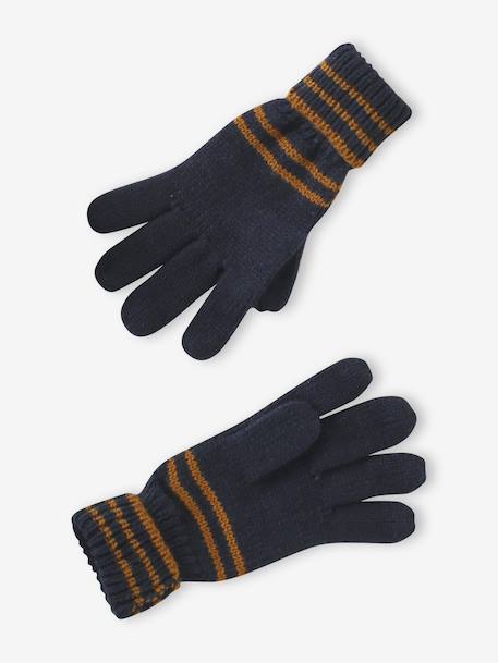 Ensemble rayé garçon bonnet + snood + moufles/gants bleu chambray+kaki - vertbaudet enfant 