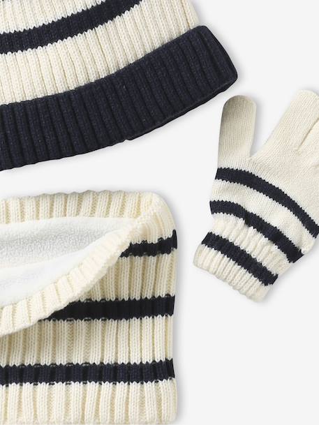 Ensemble rayé garçon bonnet + snood + moufles/gants écru - vertbaudet enfant 