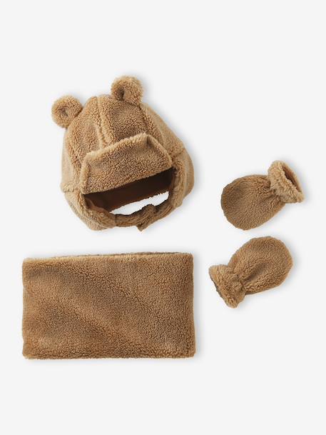 Ensemble chapka, snood et moufles bébé en sherpa sable - vertbaudet enfant 