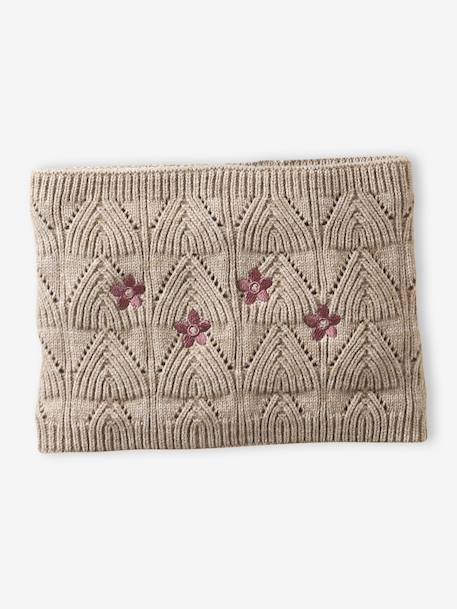 Ensemble brodé fille bonnet + snood + moufles/mitaines en maille ajourée beige doré - vertbaudet enfant 