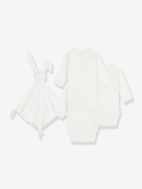 Coffret naissance 3 bodies en coton brodé et doudou lapin écru - vertbaudet enfant 