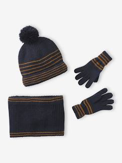 Garçon-Accessoires-Ensemble rayé garçon bonnet + snood + moufles/gants