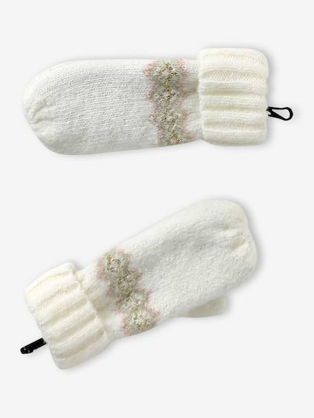 Ensemble jacquard fille bonnet + snood + moufles/gants écru+rose - vertbaudet enfant 