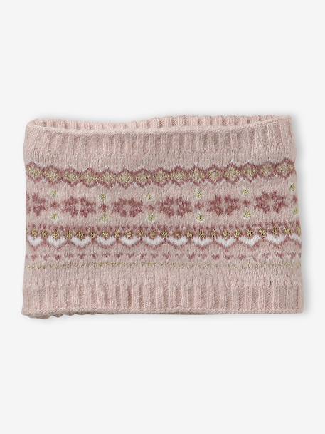 Jacquard babyset muts + snood + wanten/handschoenen voor meisjes ecru+rozen - vertbaudet enfant 