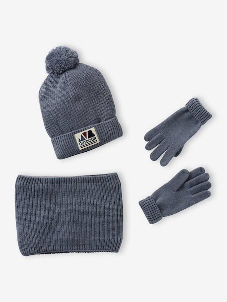 Babyset jongen muts + snood + wanten/handschoenen « Outdoor » grijsblauw+kaki - vertbaudet enfant 