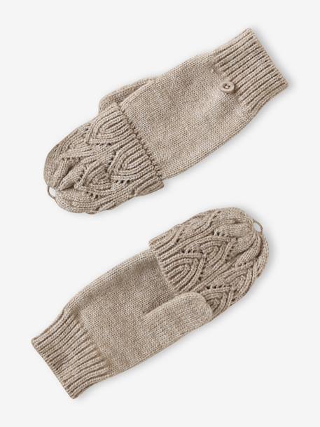 Ensemble brodé fille bonnet + snood + moufles/mitaines en maille ajourée beige doré - vertbaudet enfant 