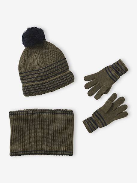 Ensemble rayé garçon bonnet + snood + moufles/gants bleu chambray+kaki - vertbaudet enfant 