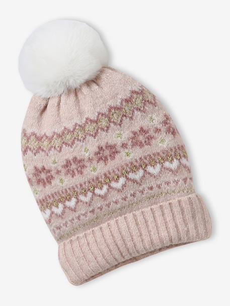 Jacquard babyset muts + snood + wanten/handschoenen voor meisjes ecru+rozen - vertbaudet enfant 