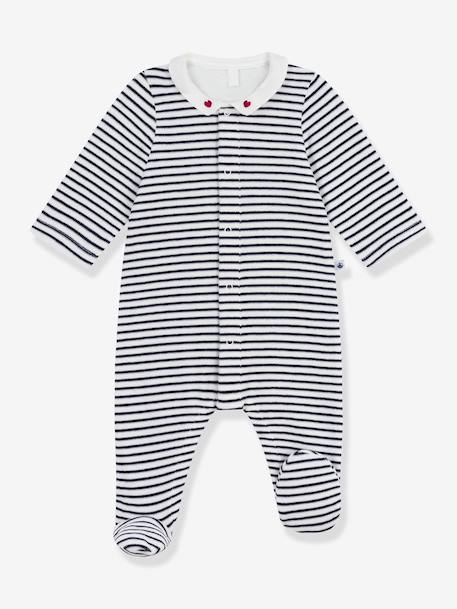 Baby pyjama in fluweel / velours met PETIT BATEAU print op de kraag marineblauw - vertbaudet enfant 