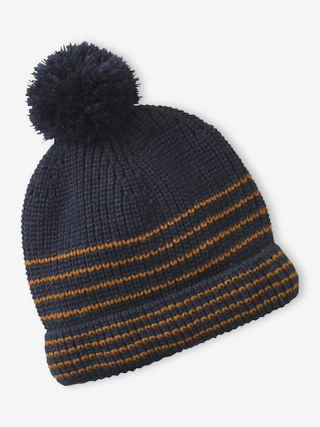 Ensemble rayé garçon bonnet + snood + moufles/gants bleu chambray+kaki - vertbaudet enfant 