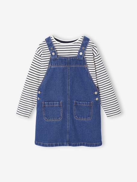 Ensemble fille robe salopette jean et tee shirt rayé bleu moyen - vertbaudet enfant 