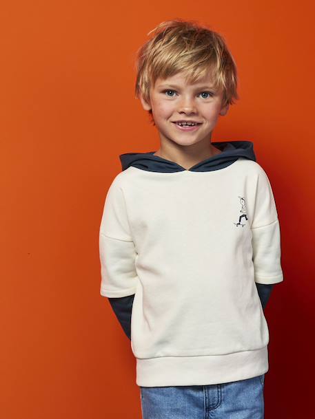 Sweater met capuchon 2-in-1 effect met geplaatste print voor jongens ecru - vertbaudet enfant 