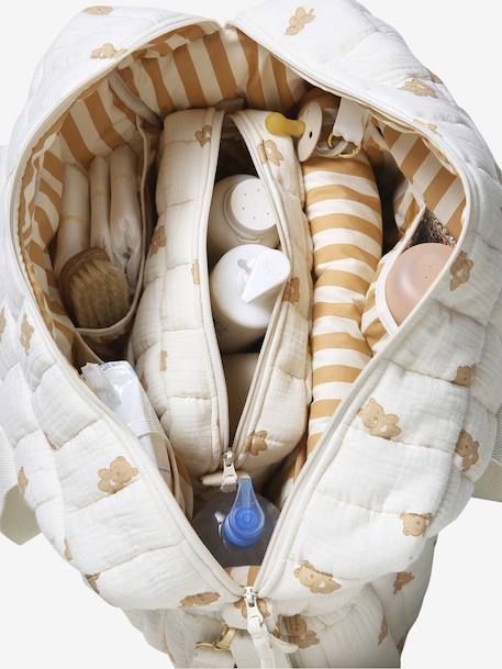 Sac à langer COLINA gaze de coton blanc imprimé+cappuccino+écru - vertbaudet enfant 