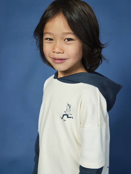 Sweater met capuchon 2-in-1 effect met geplaatste print voor jongens ecru - vertbaudet enfant 