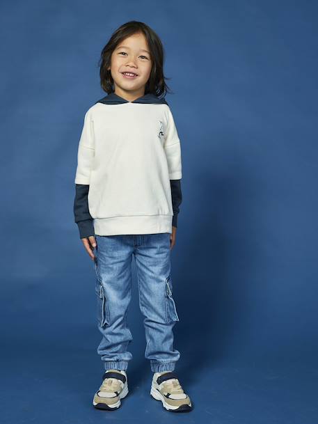 Sweater met capuchon 2-in-1 effect met geplaatste print voor jongens ecru - vertbaudet enfant 