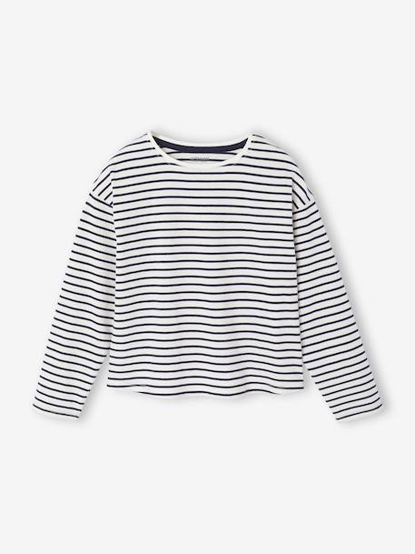 Ensemble fille robe salopette jean et tee shirt rayé bleu moyen - vertbaudet enfant 