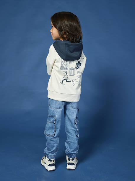 Sweater met capuchon 2-in-1 effect met geplaatste print voor jongens ecru - vertbaudet enfant 