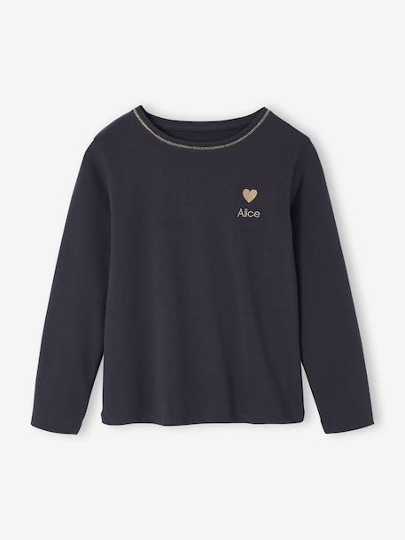 T-shirt fille coeur pailleté manches longues anthracite+écru+rose poudré+vert émeraude - vertbaudet enfant 