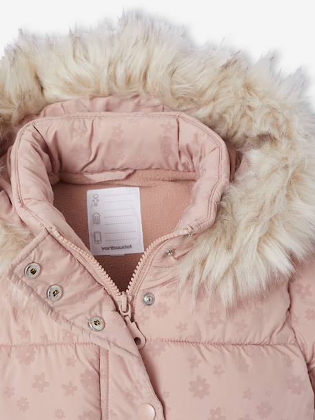 Donsjack met capuchon voor meisjes met fleece voering antraciet+goud+roze (poederkleur)+roze, bedrukt - vertbaudet enfant 