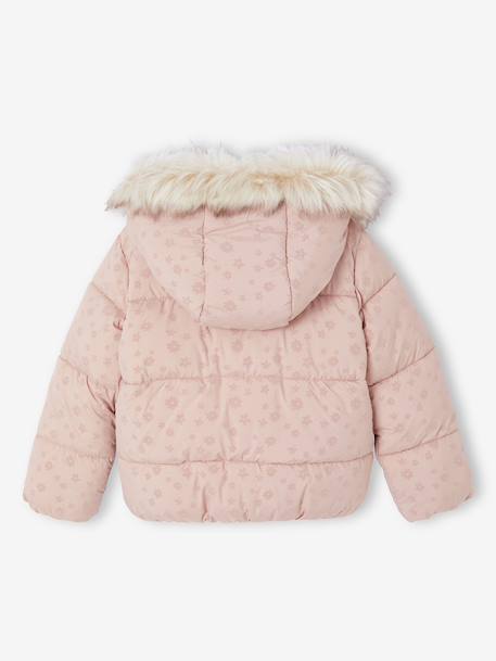 Donsjack met capuchon voor meisjes met fleece voering antraciet+goud+roze (poederkleur)+roze, bedrukt - vertbaudet enfant 