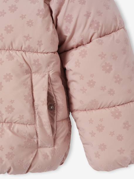 Donsjack met capuchon voor meisjes met fleece voering antraciet+goud+roze (poederkleur)+roze, bedrukt - vertbaudet enfant 