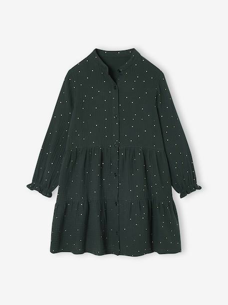 Robe fille en gaze de coton imprimée pois irisés prune+vert sapin+vert sauge - vertbaudet enfant 
