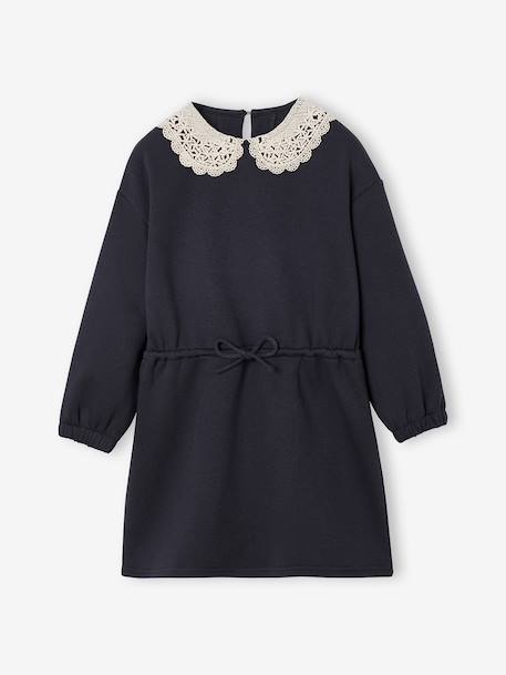 Meisjesjurk van sweaterstof met macramé kraag leigrijs+rozenhout - vertbaudet enfant 