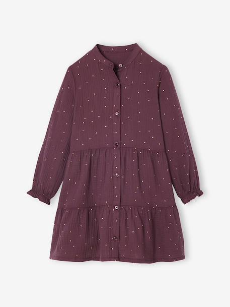 Robe fille en gaze de coton imprimée pois irisés prune+vert sapin+vert sauge - vertbaudet enfant 