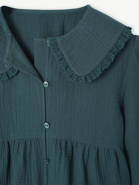 Chemise fille gaze de coton col brodé écru+vert émeraude - vertbaudet enfant 