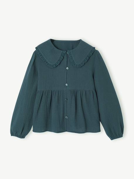 Chemise fille gaze de coton col brodé écru+vert émeraude - vertbaudet enfant 