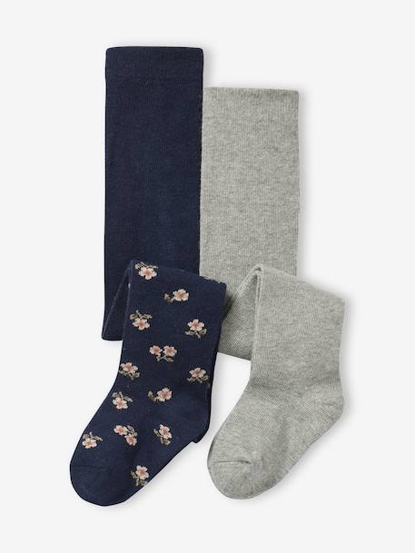 Set van 2 panty's voor babymeisjes, effen en met bloemmotieven nachtblauw - vertbaudet enfant 