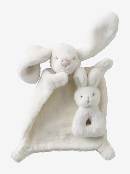 Knuffel konijn van twee materialen, personaliseerbaar blauw+groen+rozen+wit - vertbaudet enfant 