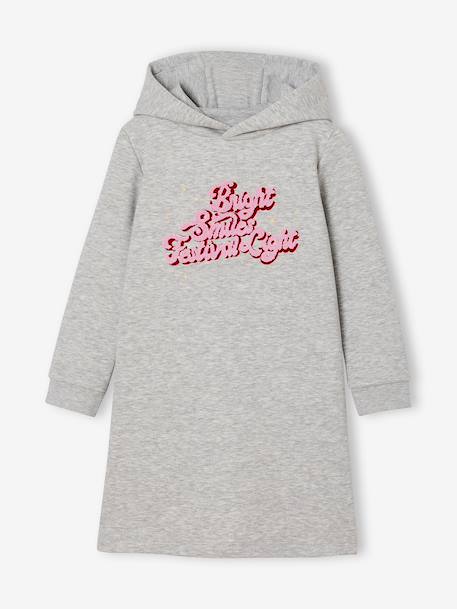 Meisjesjurk van sweatstof met capuchon en mooie details antraciet+gemêleerd grijs+grijsblauw+groen+marineblauw - vertbaudet enfant 