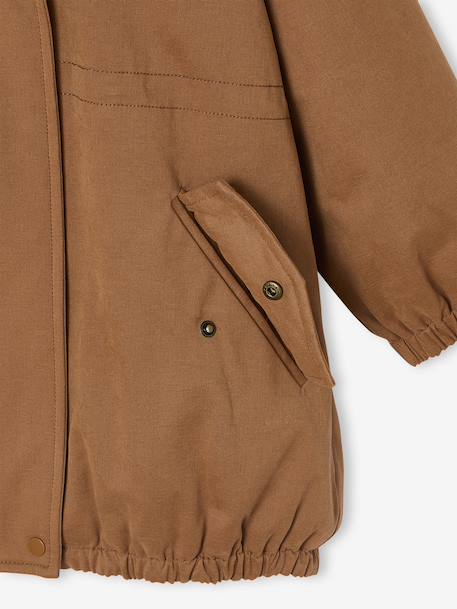 Meisjesparka met capuchon gevoerd met imitatiebont kameel+marineblauw+rozenhout+zwart - vertbaudet enfant 