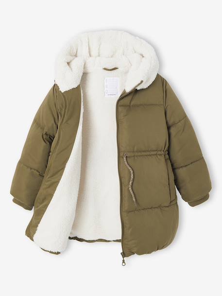 Lange donsjack met capuchon voor meisjes kaki+oudroze - vertbaudet enfant 