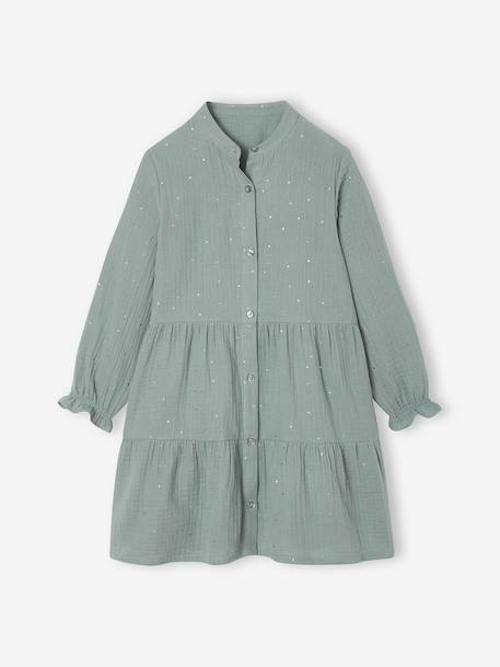 Robe fille en gaze de coton imprimée pois irisés prune+vert sapin+vert sauge - vertbaudet enfant 