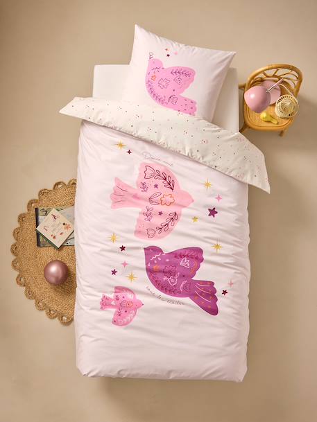 Bedovertrek + omkeerbare kussensloop voor kinderen BIRDY, met gerecycled katoen roze (poederkleur) - vertbaudet enfant 