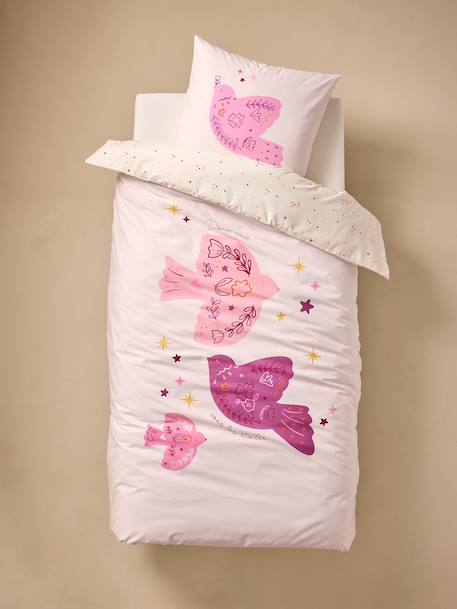 Bedovertrek + omkeerbare kussensloop voor kinderen BIRDY, met gerecycled katoen roze (poederkleur) - vertbaudet enfant 